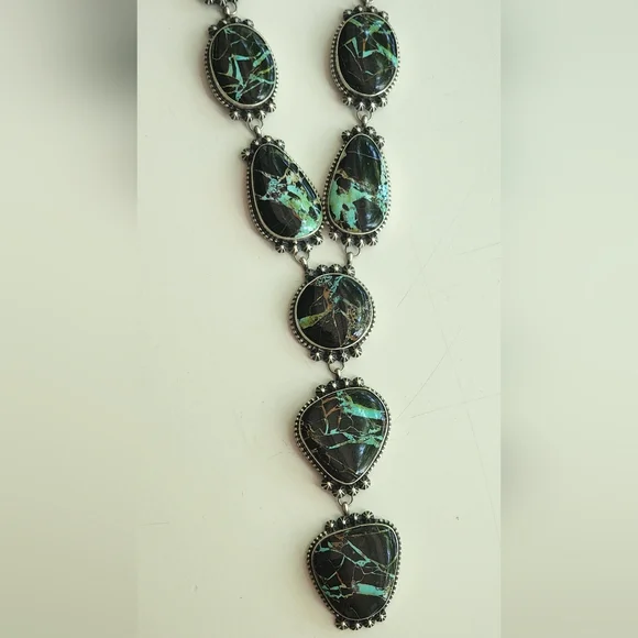 Dave Skeets Blackjack Turquoise Lariat And Earrings Set Sterling BIG - Picture 2 of 6
